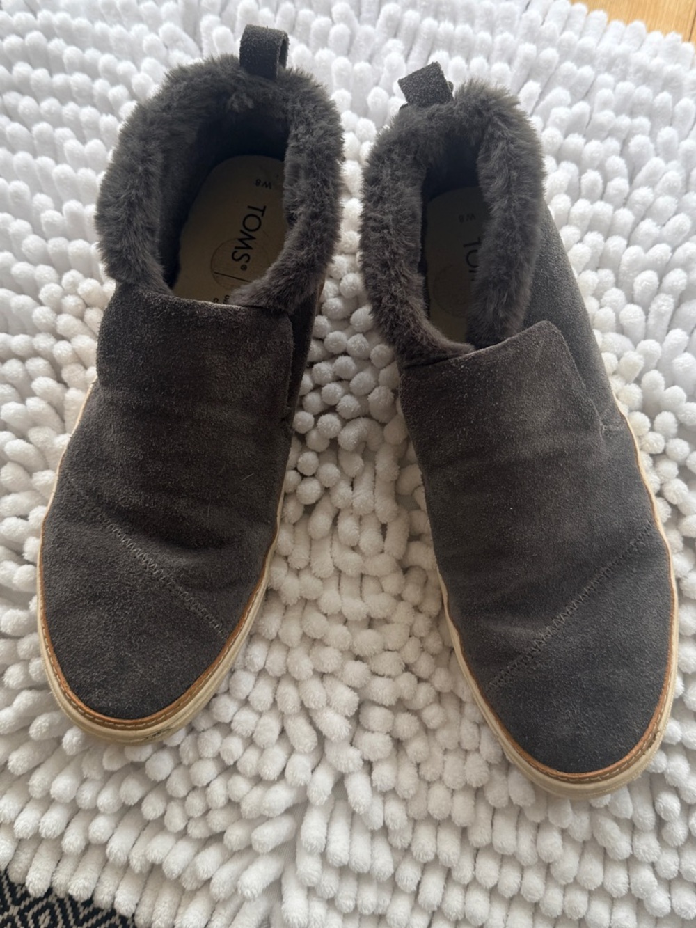 Toms Dark Gray Suede Slip-On Slippers with Faux Fur Trim